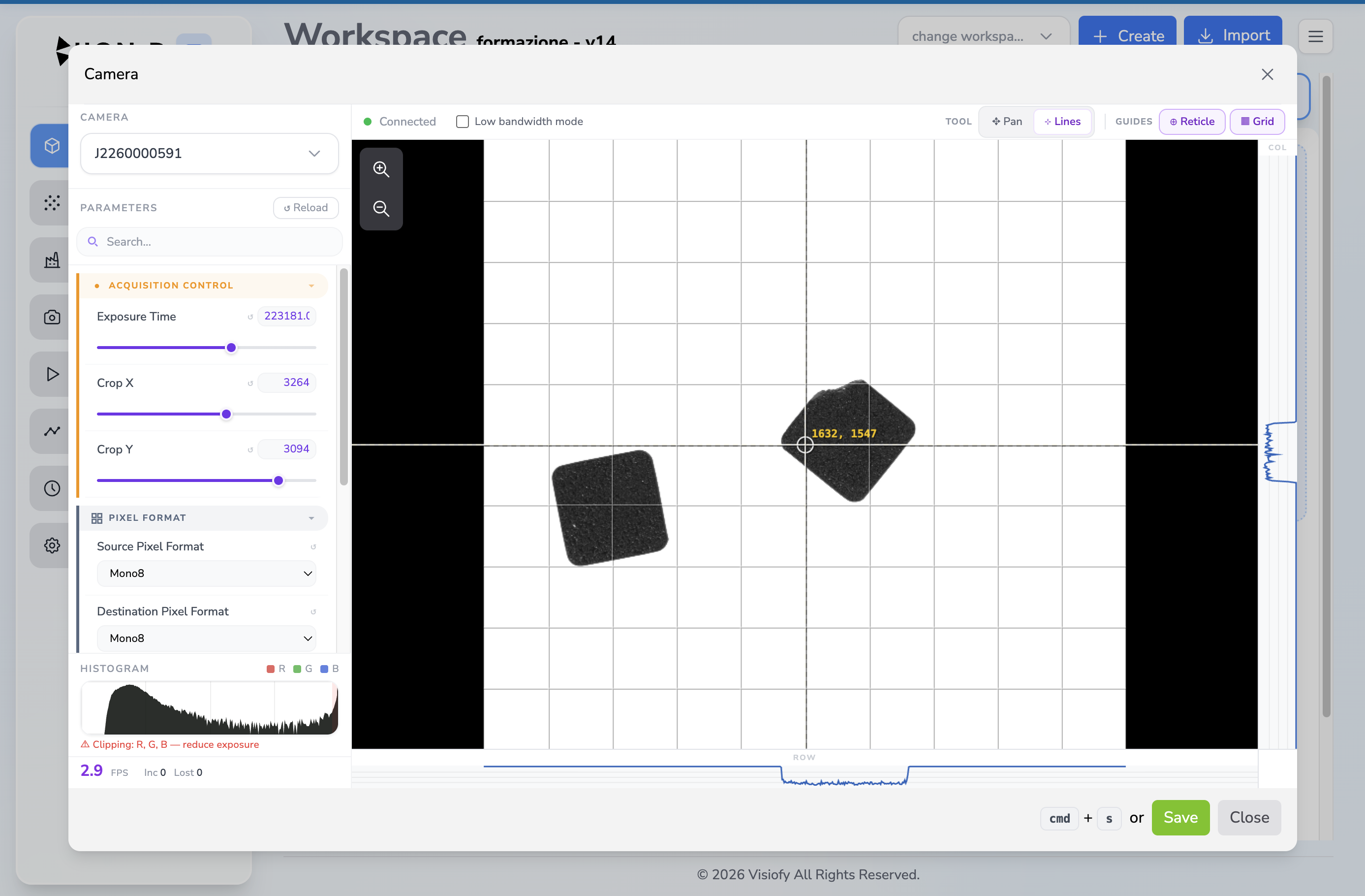 Camera preview with Lines, Reticle and Grid enabled