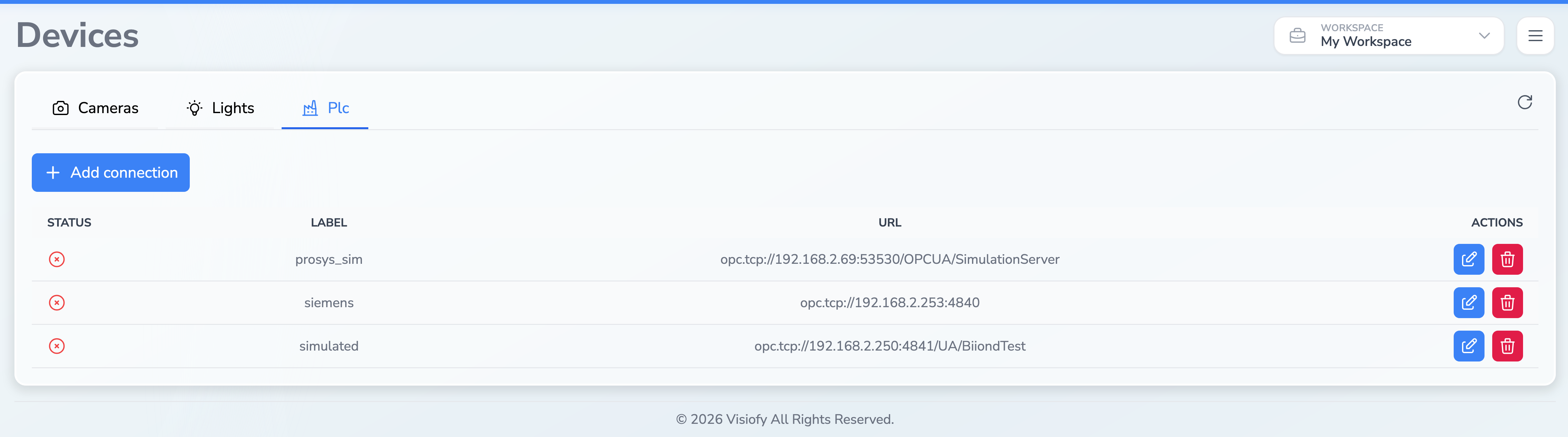 PLC connections tab