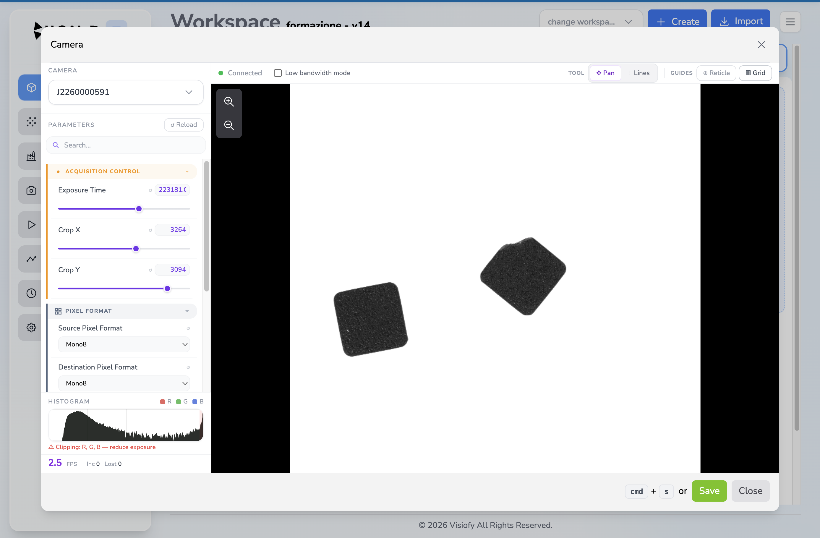 Camera configuration with live preview, device parameters and image diagnostics