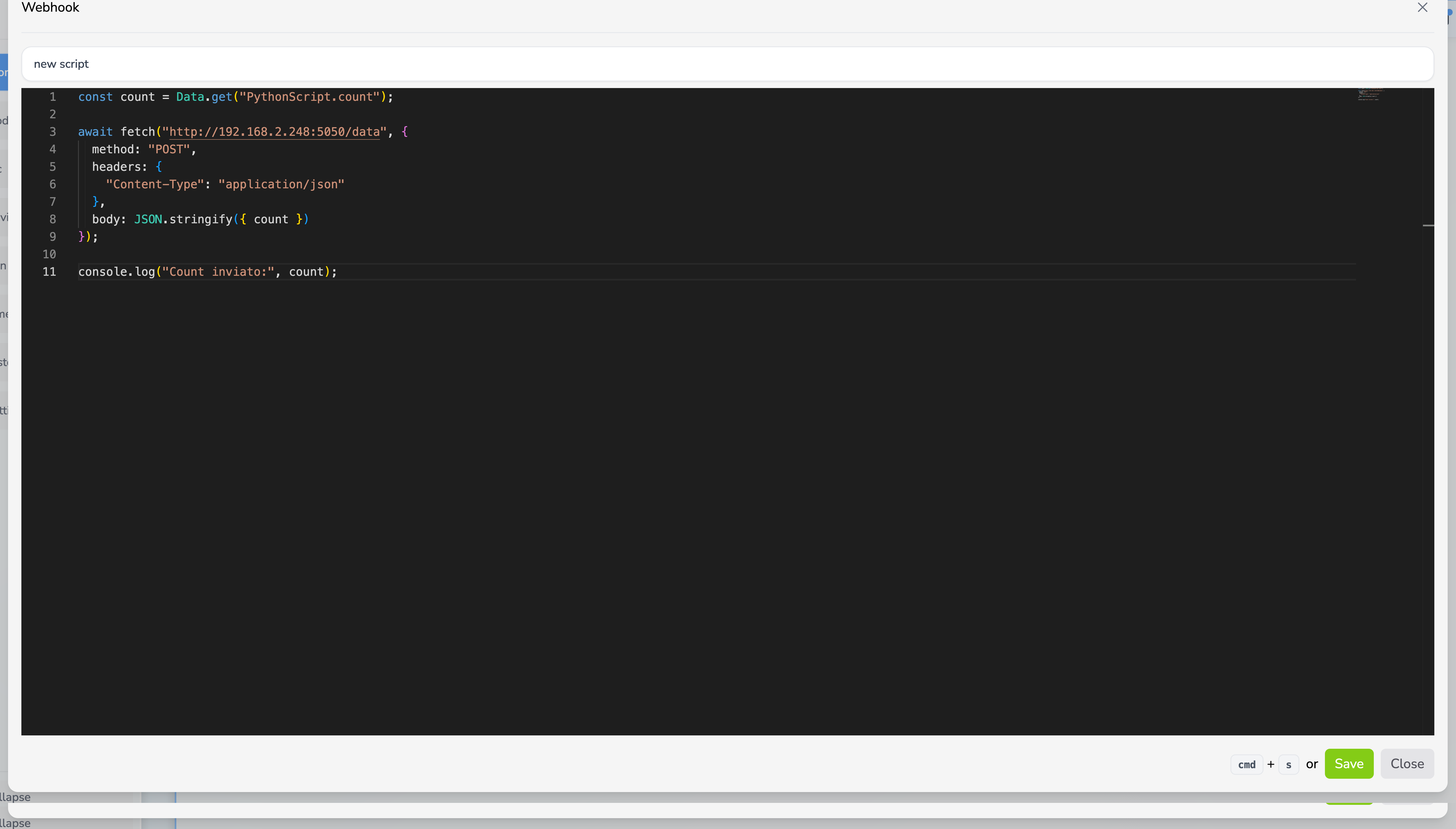 Modulo Webhook nell'editor dell'Action Plan